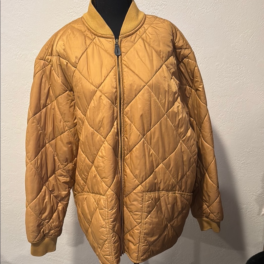 Gold Puffer Jacket with Diamond Stitching and Stand-Up Collar